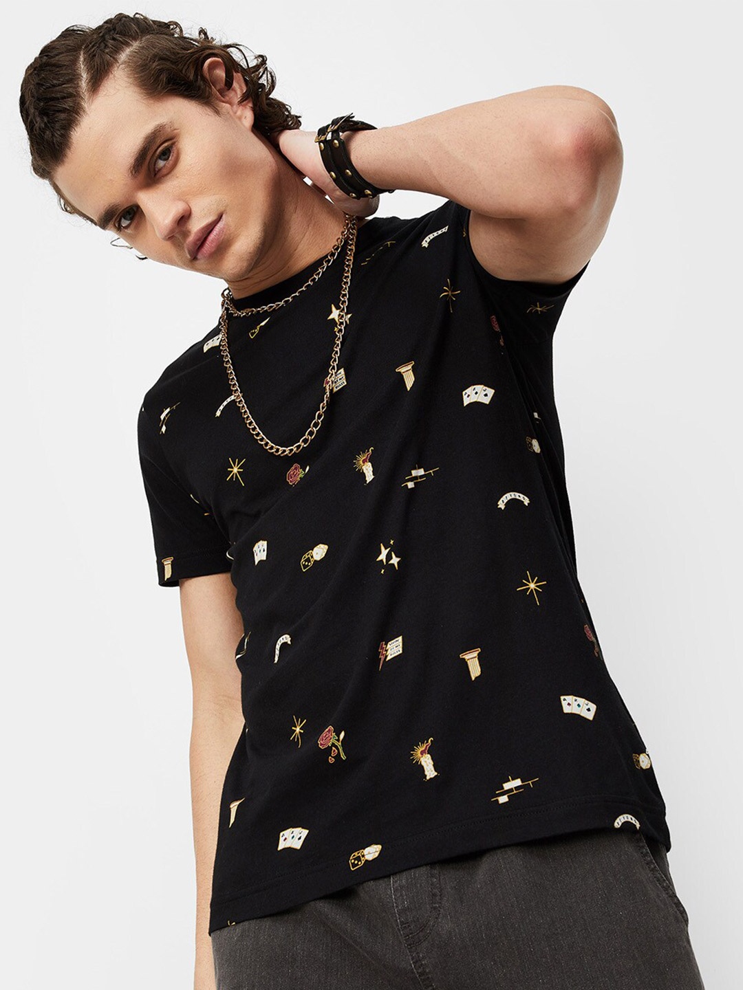 max Conversational Printed Pure Cotton T-shirt, Black