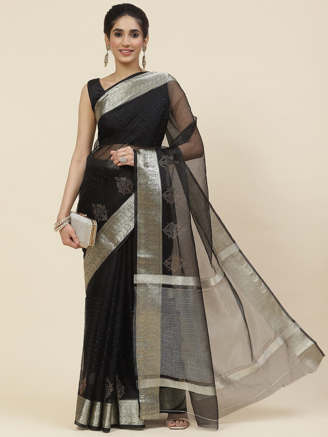 Meena Bazaar Woven Design Zari Organza Saree, Black