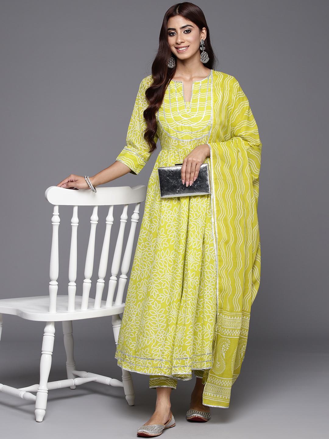 Libas Women Bandhani Yoke Design Empire Gotta Patti Cotton Kurta with Trousers & Dupatta, Lime green
Libas Women Bandhani Yoke Design Empire Gotta Patti Cotton Kurta with Trousers & Dupatta, Lime green