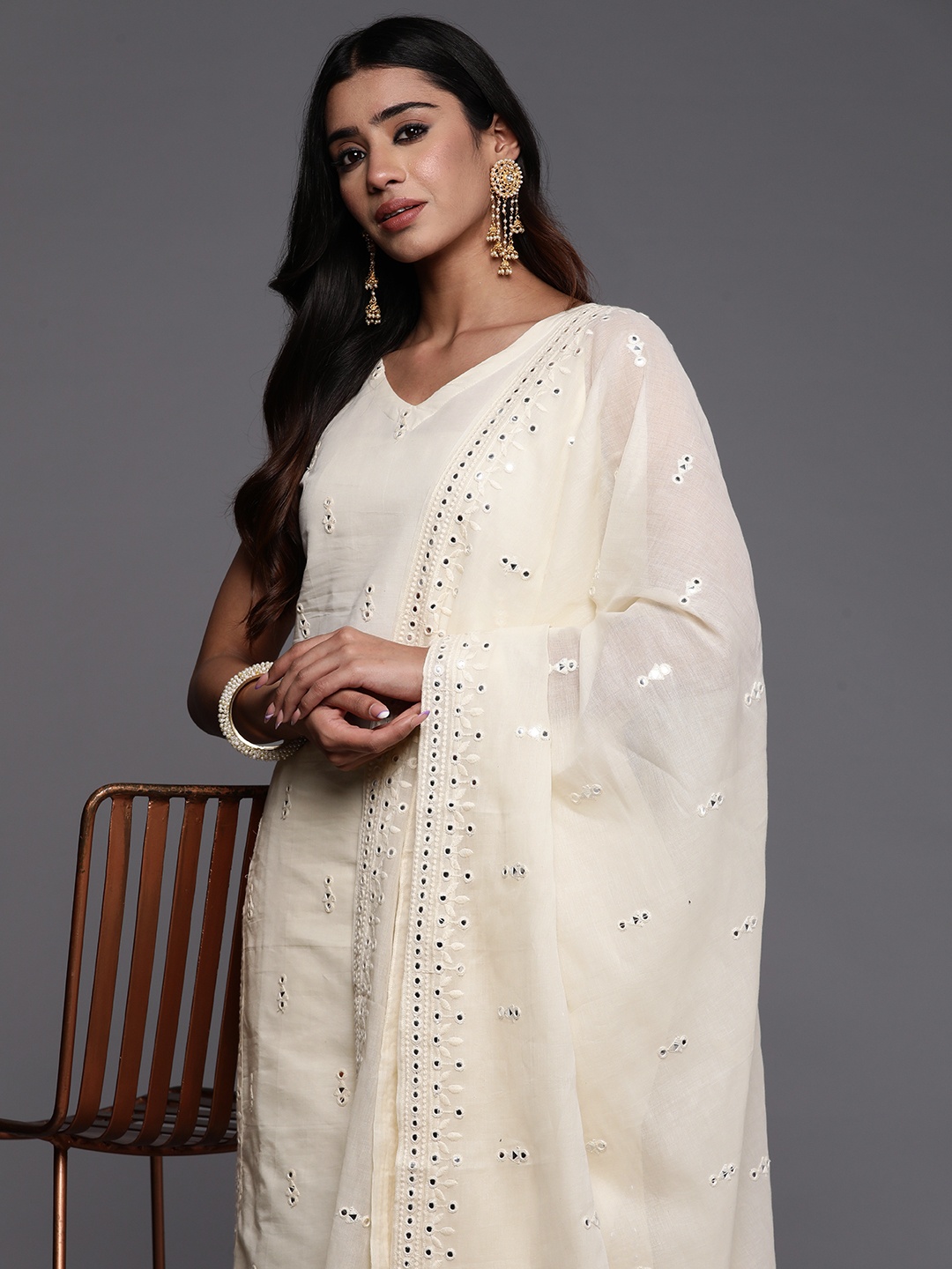 Libas Women Embroidered Mirror Work Pure Cotton Kurta With Trousers & Dupatta, Off white
Libas Women Embroidered Mirror Work Pure Cotton Kurta With Trousers & Dupatta, Off white