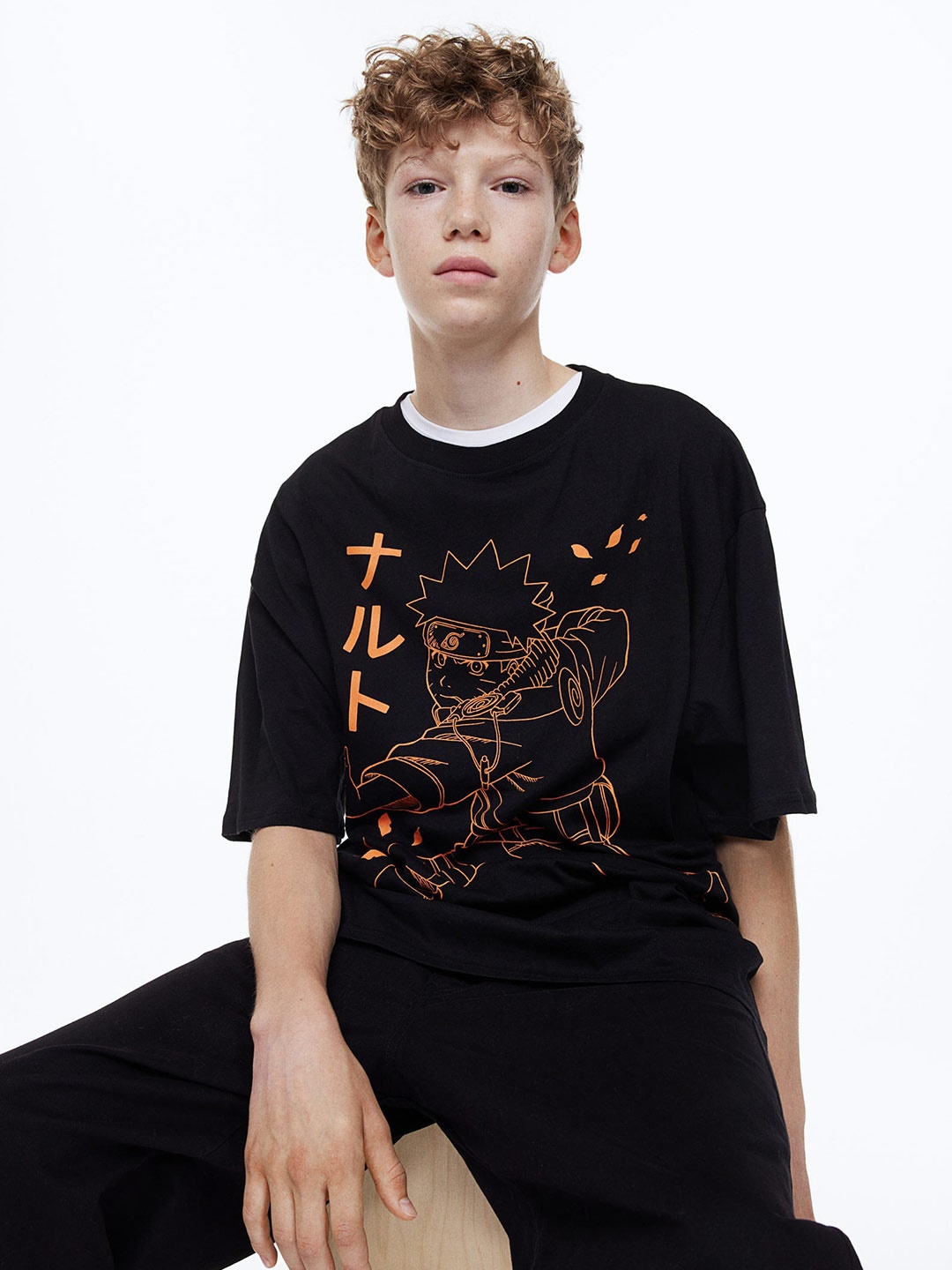 H&M Boys Oversized Naruto Printed Cotton T-shirt, Black