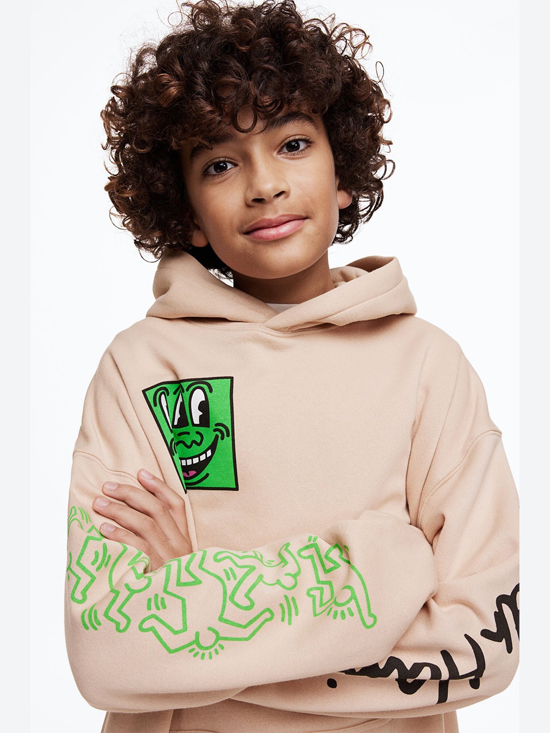 H&M Boys Oversized printed hoodie, Beige