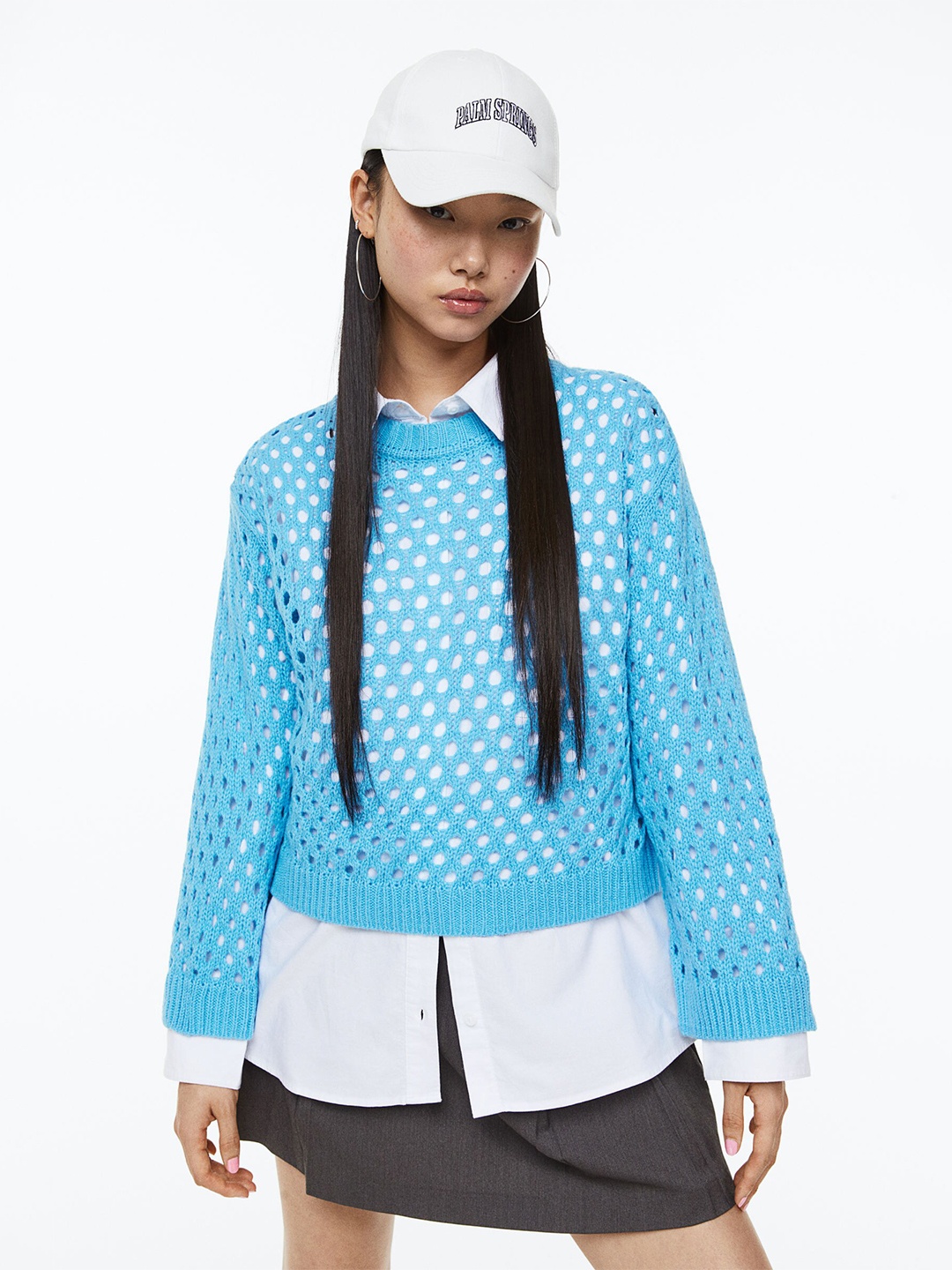 H&M Women Hole-Knit Acrylic Jumper, Blue
