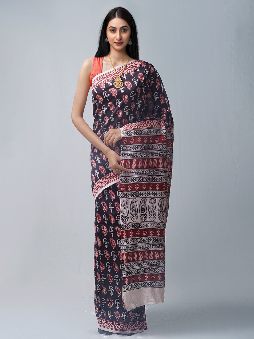 Unnati Silks Ethnic Motifs Silk Cotton Chanderi Saree, Black