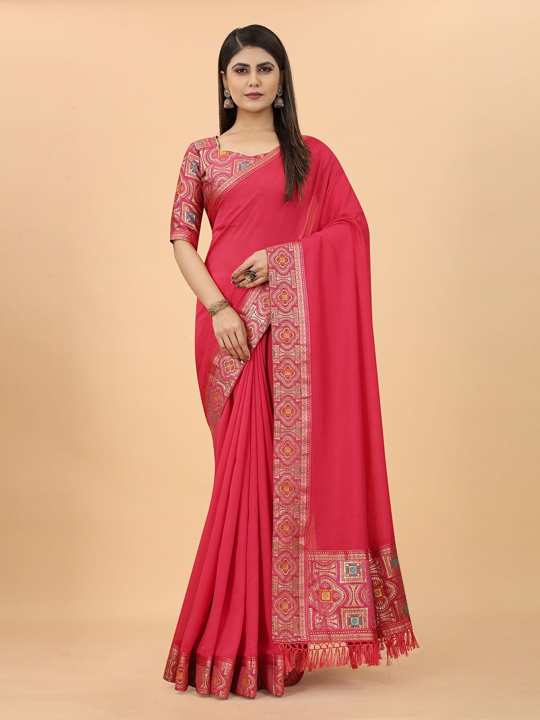Anjaneya Sarees Zari Festive Silk Blend Saree, Pink