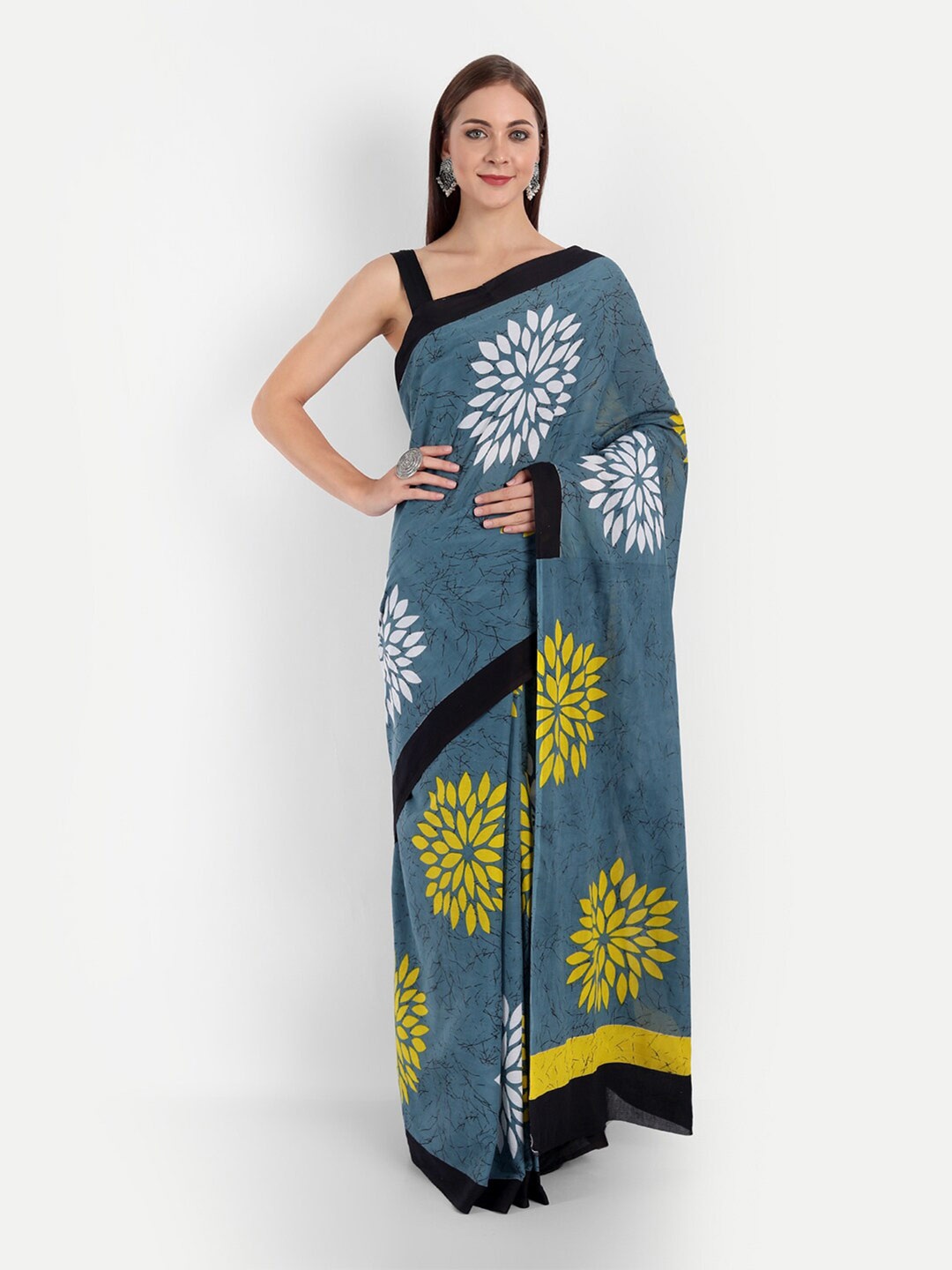 BUTA BUTI Floral Pure Cotton Saree, Blue
