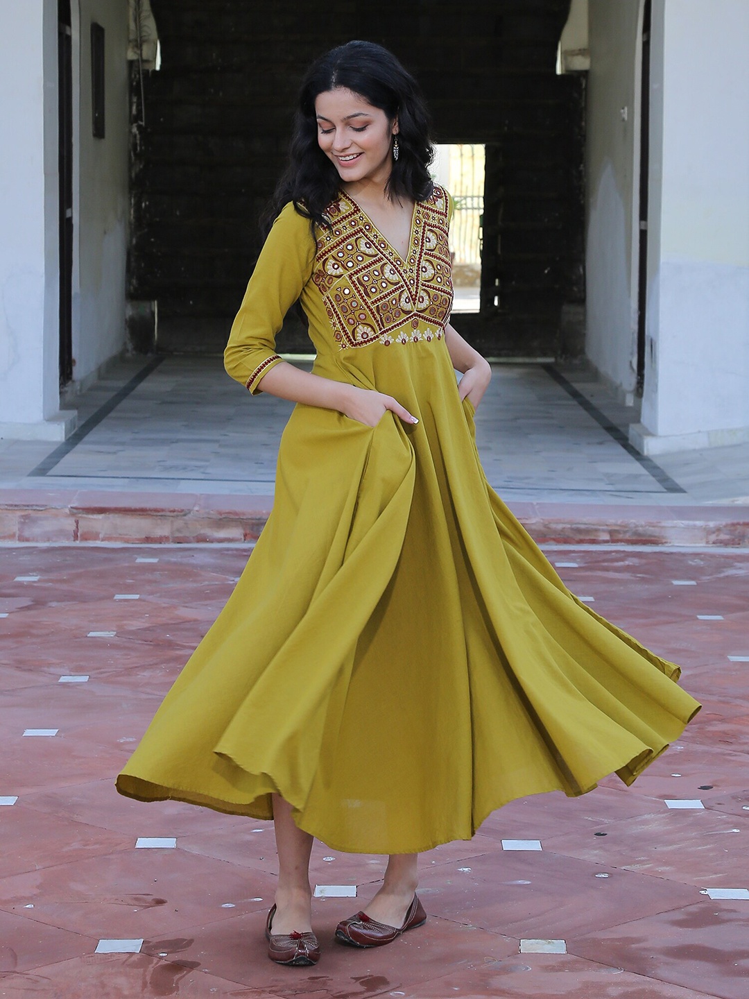 OKHAI Women Ethnic Maxi Dress, Mustard