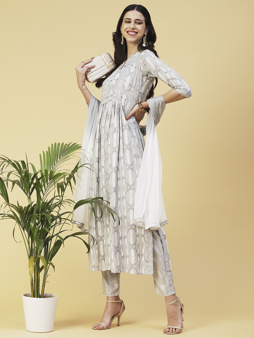 FASHOR Ethnic Motifs Printed Pleated Mirror Work Kurta with Trousers & With Dupatta, Grey
FASHOR Ethnic Motifs Printed Pleated Mirror Work Kurta with Trousers & With Dupatta, Grey