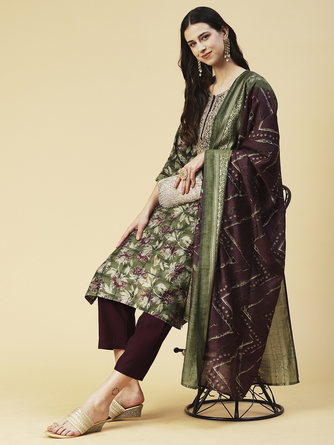 FASHOR Women Floral Printed Thread Work Kurta With Trousers & Dupatta, Olive