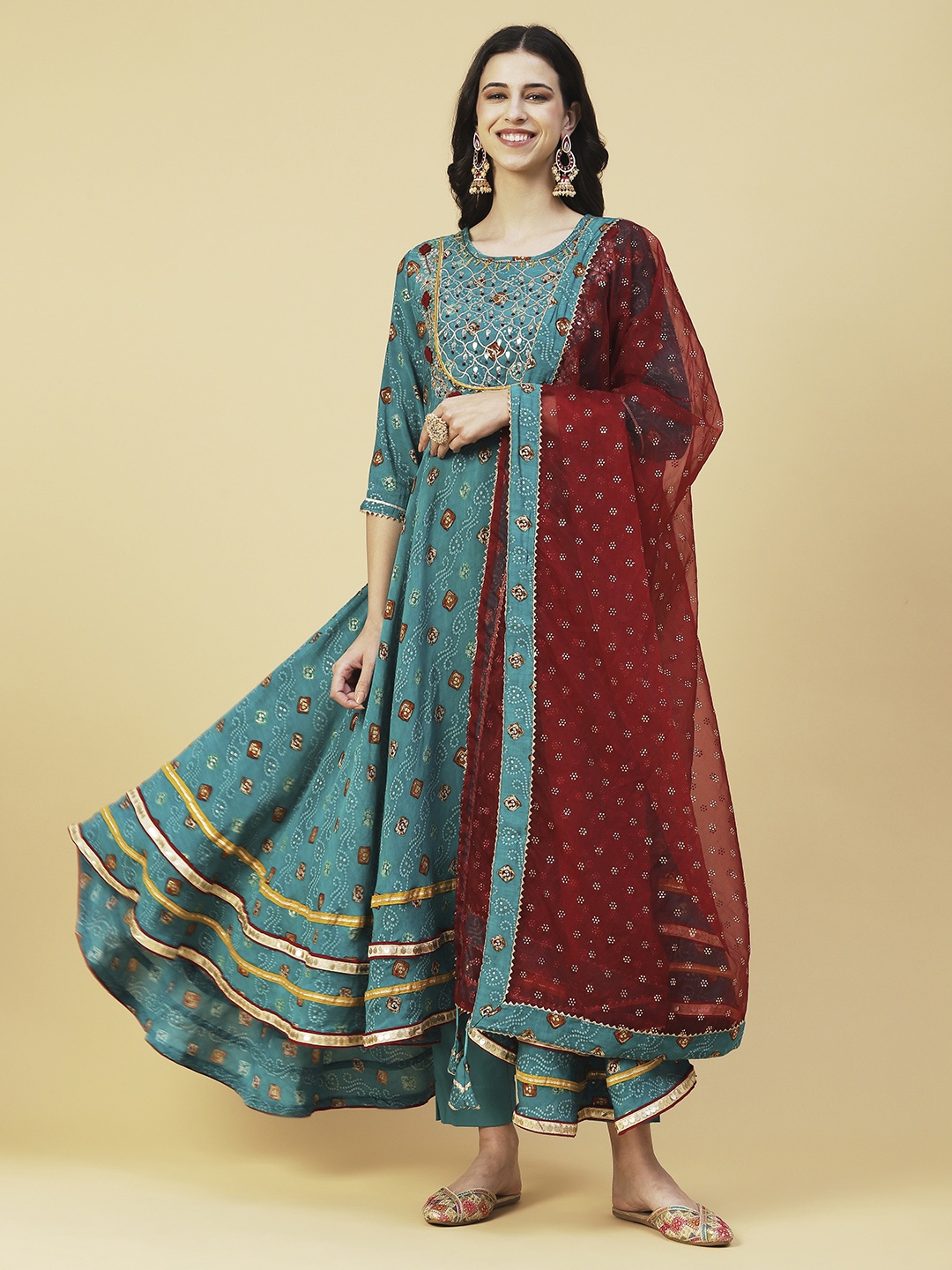 FASHOR Women Bandhani Printed Empire Gotta Patti Kurta with Trousers & Dupatta, Turquoise blue
FASHOR Women Bandhani Printed Empire Gotta Patti Kurta with Trousers & Dupatta, Turquoise blue
