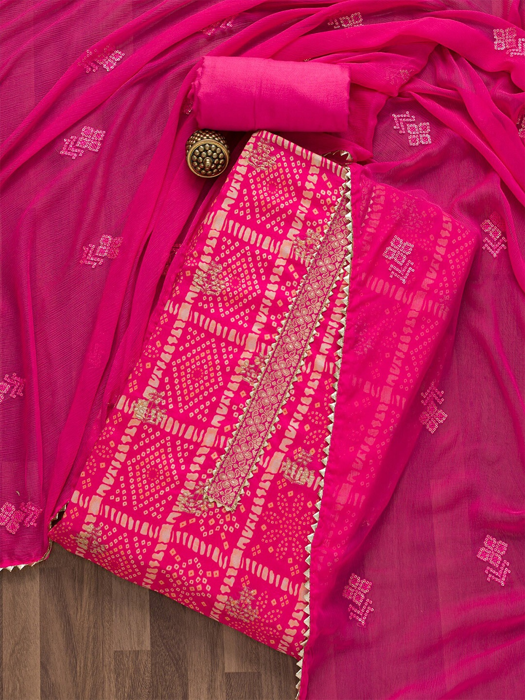 Koskii Bandhani Printed Unstitched Dress Material, Pink