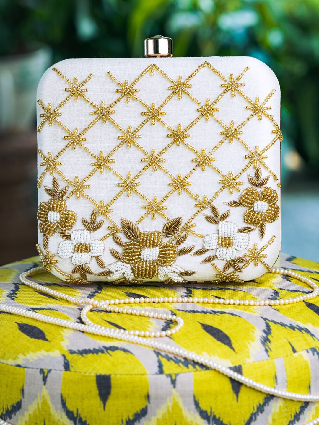 NR By Nidhi Rathi Embroidered Embroidered Box Clutch, White