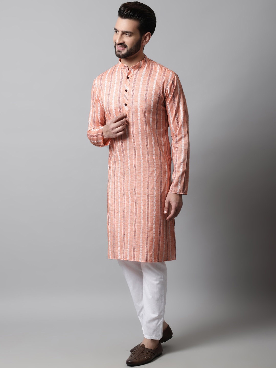 Jompers Men Printed Pure Cotton Kurta with Pyjamas, Coral
