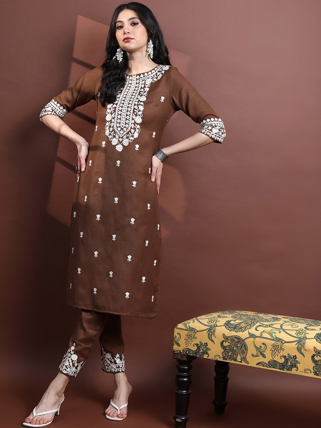 Vishudh Women Faux Pashmia Ethnic Motifs Embroidered Thread Work Kurta with Trousers, Brown
Vishudh Women Faux Pashmia Ethnic Motifs Embroidered Thread Work Kurta with Trousers, Brown