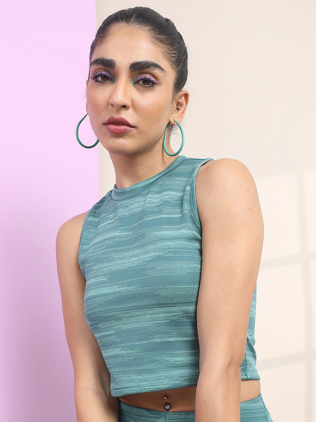Tokyo Talkies Woman Jacquard Crop Top, Teal