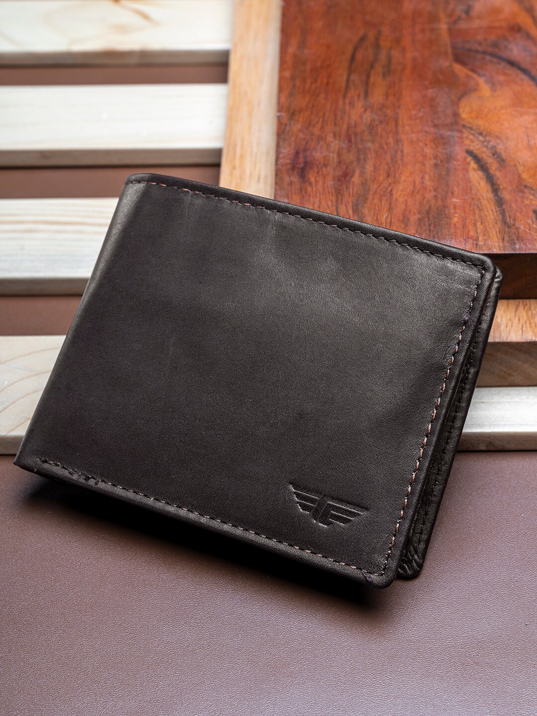 Red Tape Men Textured Leather Two Fold Wallet, Brown