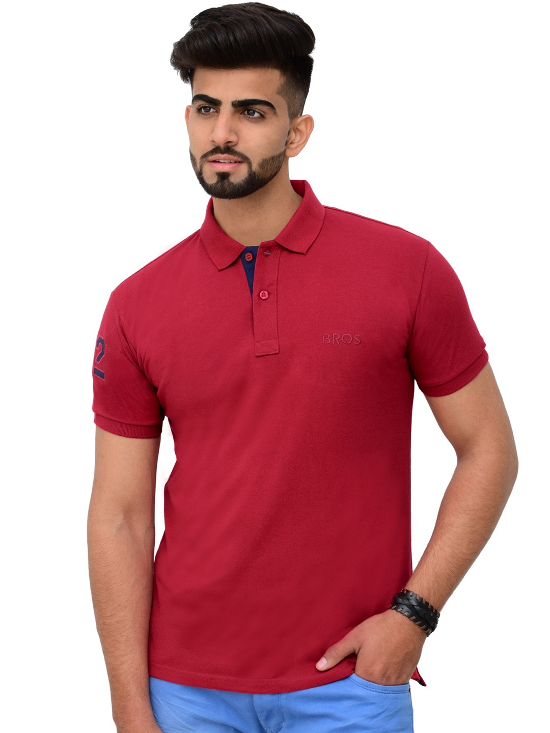 3BROS Men Typography Polo Collar Cotton T-shirt, Maroon