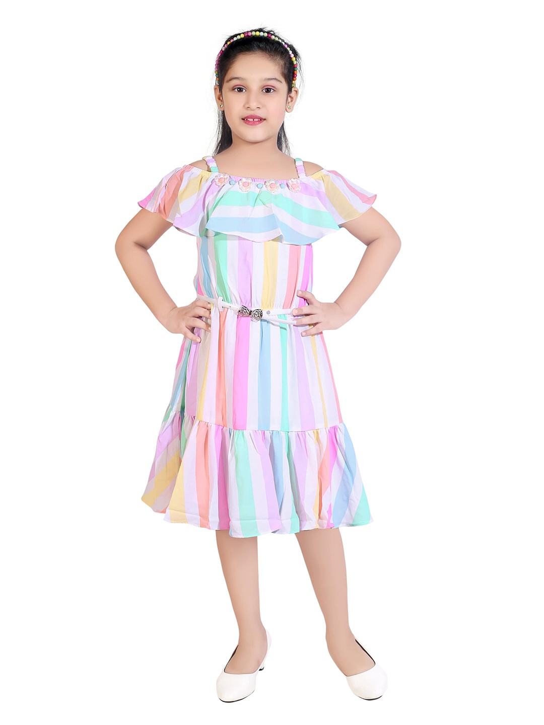Tiny Girl Girls Striped Off-Shoulder Dress, Pink