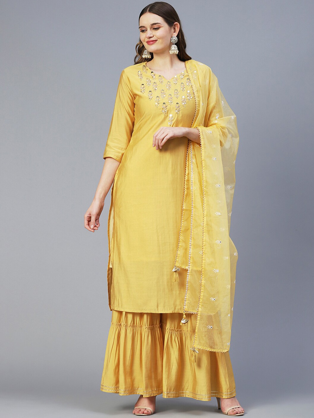 FASHOR Women Ethnic Motifs Embroidered Mirror Work Kurta with Sharara & With Dupatta, Yellow
FASHOR Women Ethnic Motifs Embroidered Mirror Work Kurta with Sharara & With Dupatta, Yellow
