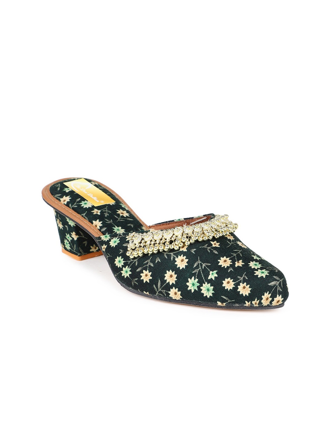 The Desi Dulhan Ethnic Block Heels Mules, Green