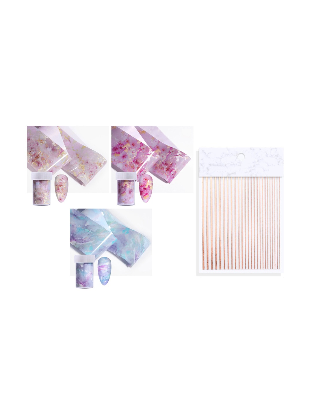 S.A.V.I. Set of 3 Nail Foil Marble Design Rolls & 1 Rose Gold Line Sticker DIY Nail Decor, Multi
S.A.V.I. Set of 3 Nail Foil Marble Design Rolls & 1 Rose Gold Line Sticker DIY Nail Decor, Multi