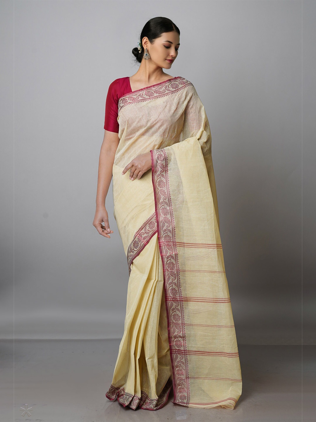 Unnati Silks Zari Pure Cotton Taant Saree, Beige