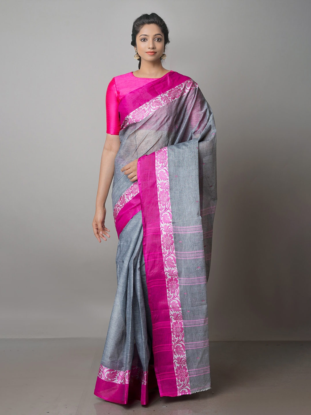 Unnati Silks Zari Pure Cotton Taant Saree, Grey