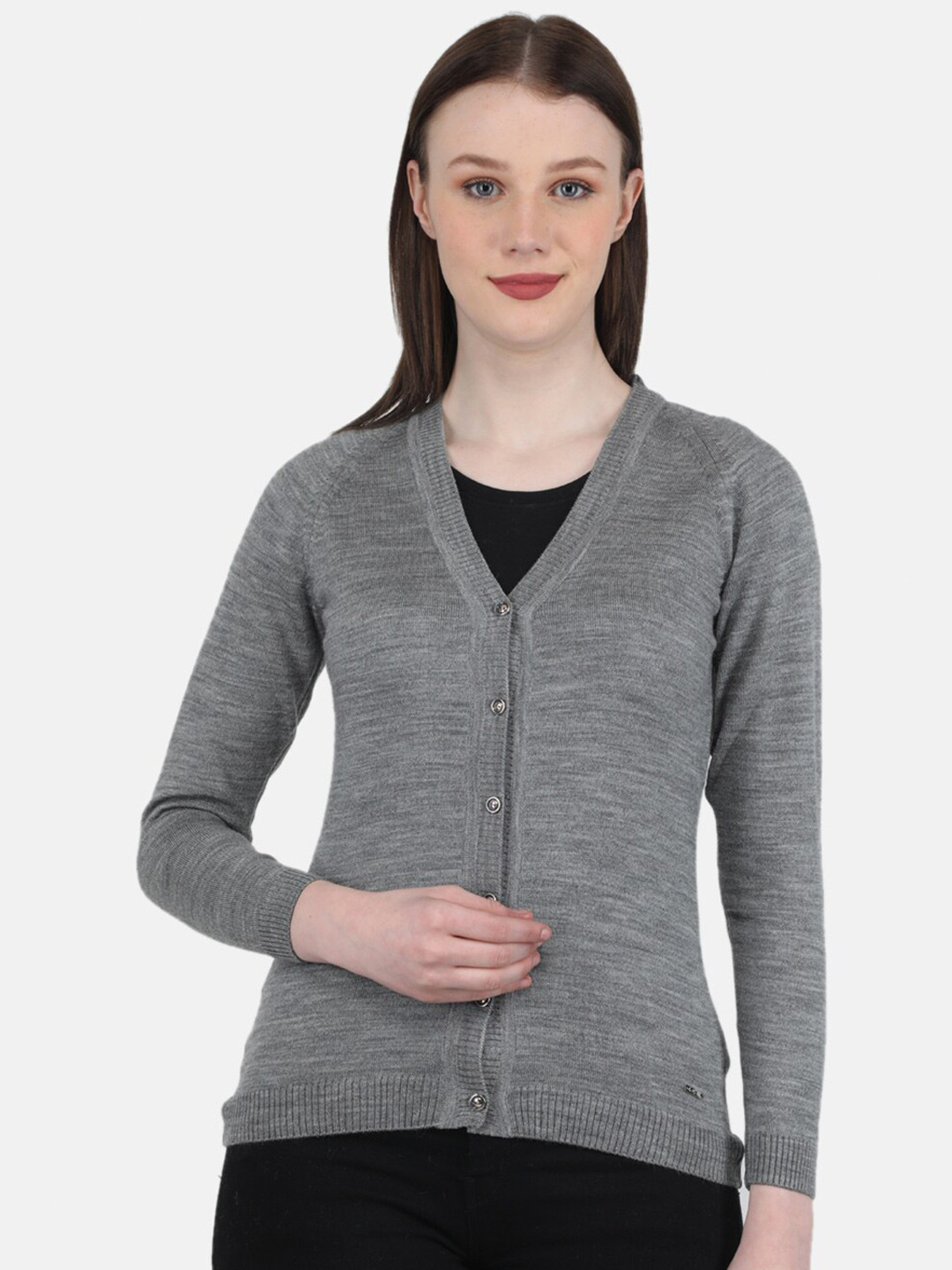 Monte Carlo Women Grey Solid V-Neck Wool Cardigan
Monte Carlo Women Grey Solid V-Neck Wool Cardigan