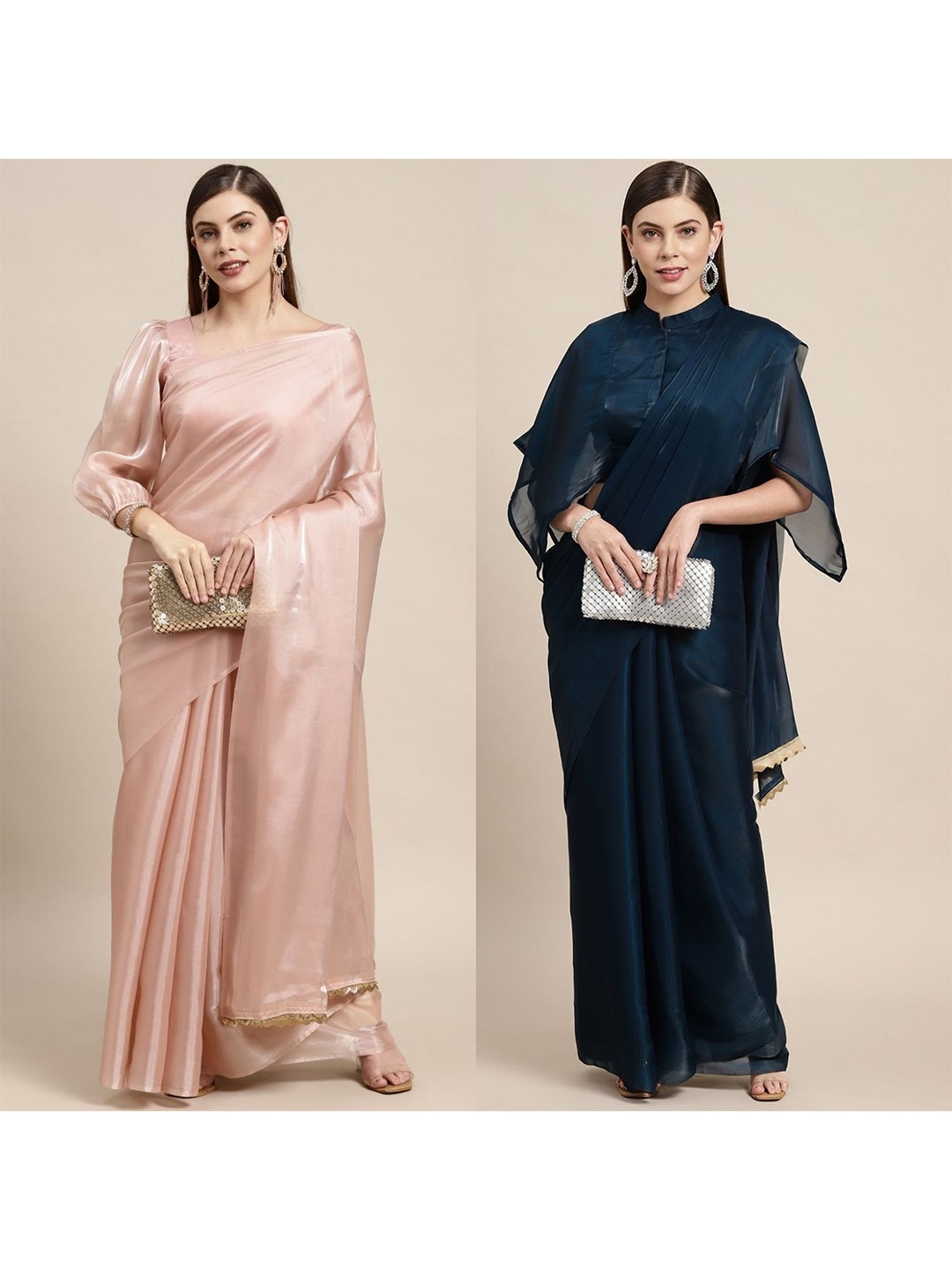 AVANSHEE Pack Of 2 Solid Silk Blend Sarees, Navy blue
