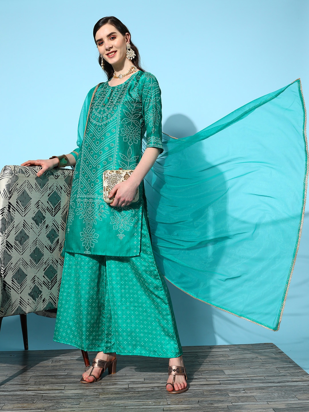 Juniper Women Bandhani Printed Beads & Stones Kurta With Palazzos & With Dupatta, Teal
Juniper Women Bandhani Printed Beads & Stones Kurta With Palazzos & With Dupatta, Teal