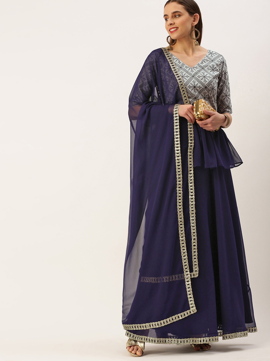 Ethnovog Embroidered Thread Work Ready To Wear Lehenga & Blouse With Dupatta, Navy blue
Ethnovog Embroidered Thread Work Ready To Wear Lehenga & Blouse With Dupatta, Navy blue