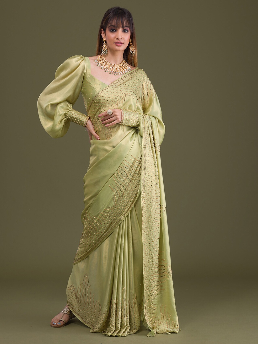 Koskii Embellished Beads and Stones Satin Saree, Green