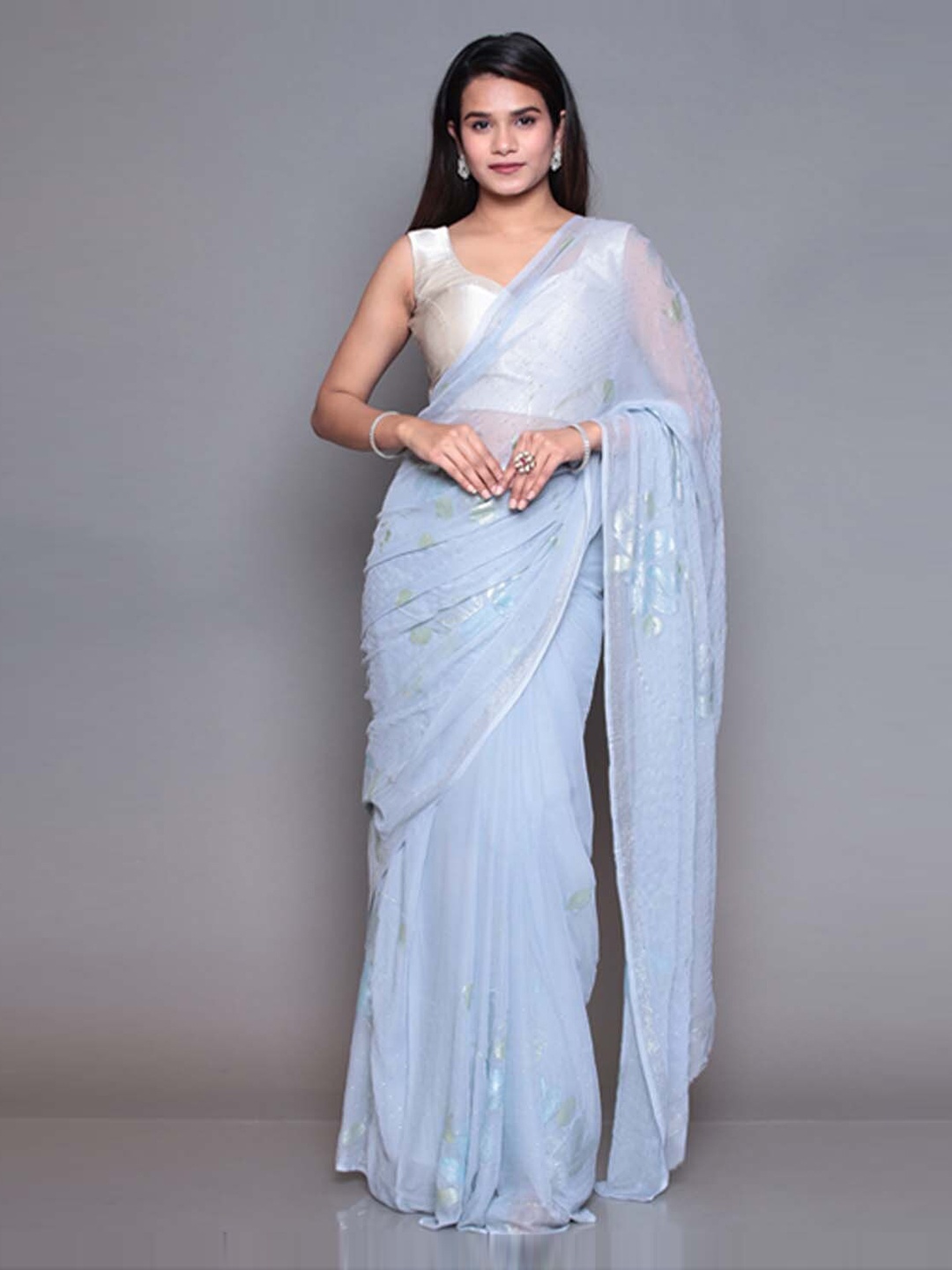 ZARI Floral Printed Pure Chiffon Saree, Grey