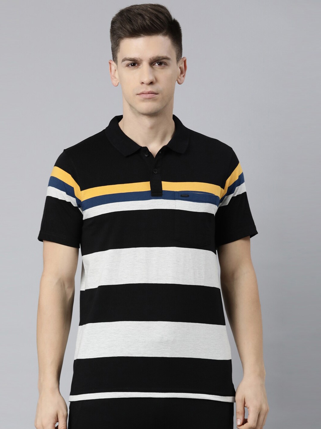 Proline Active Men Striped Polo Collar Cotton T-shirt, Black