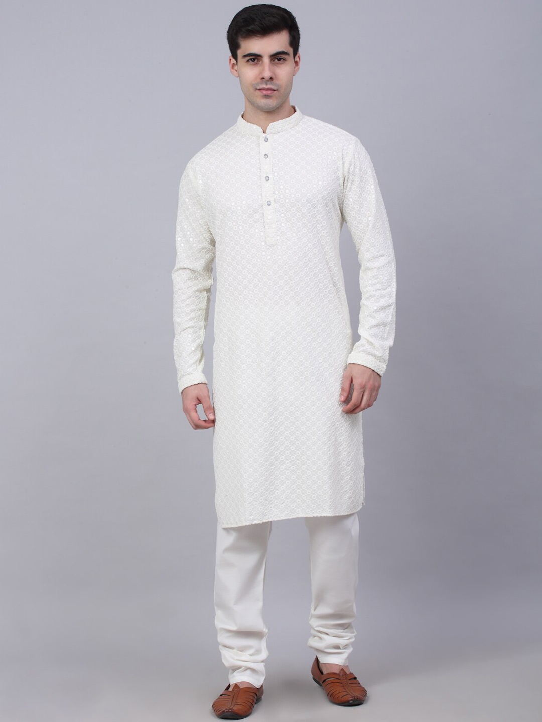 Jompers Men Floral Embroidered Sequinned Pure Cotton Kurta with Churidar, Off white
Jompers Men Floral Embroidered Sequinned Pure Cotton Kurta with Churidar, Off white