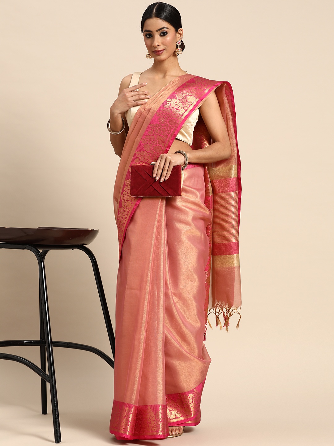 all about you Solid Zari Saree, Peach