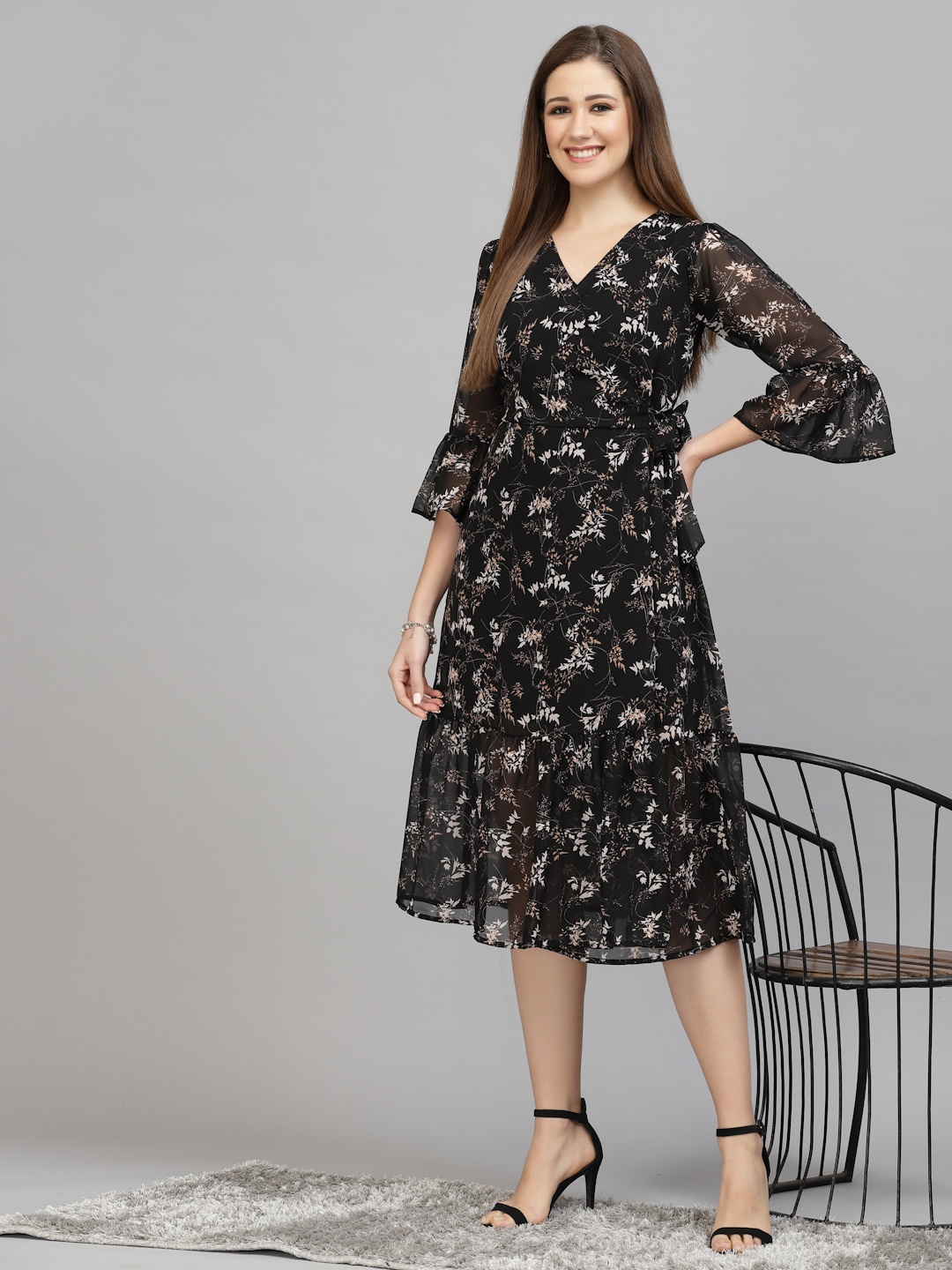 Selvia Floral Georgette Dress, Black
