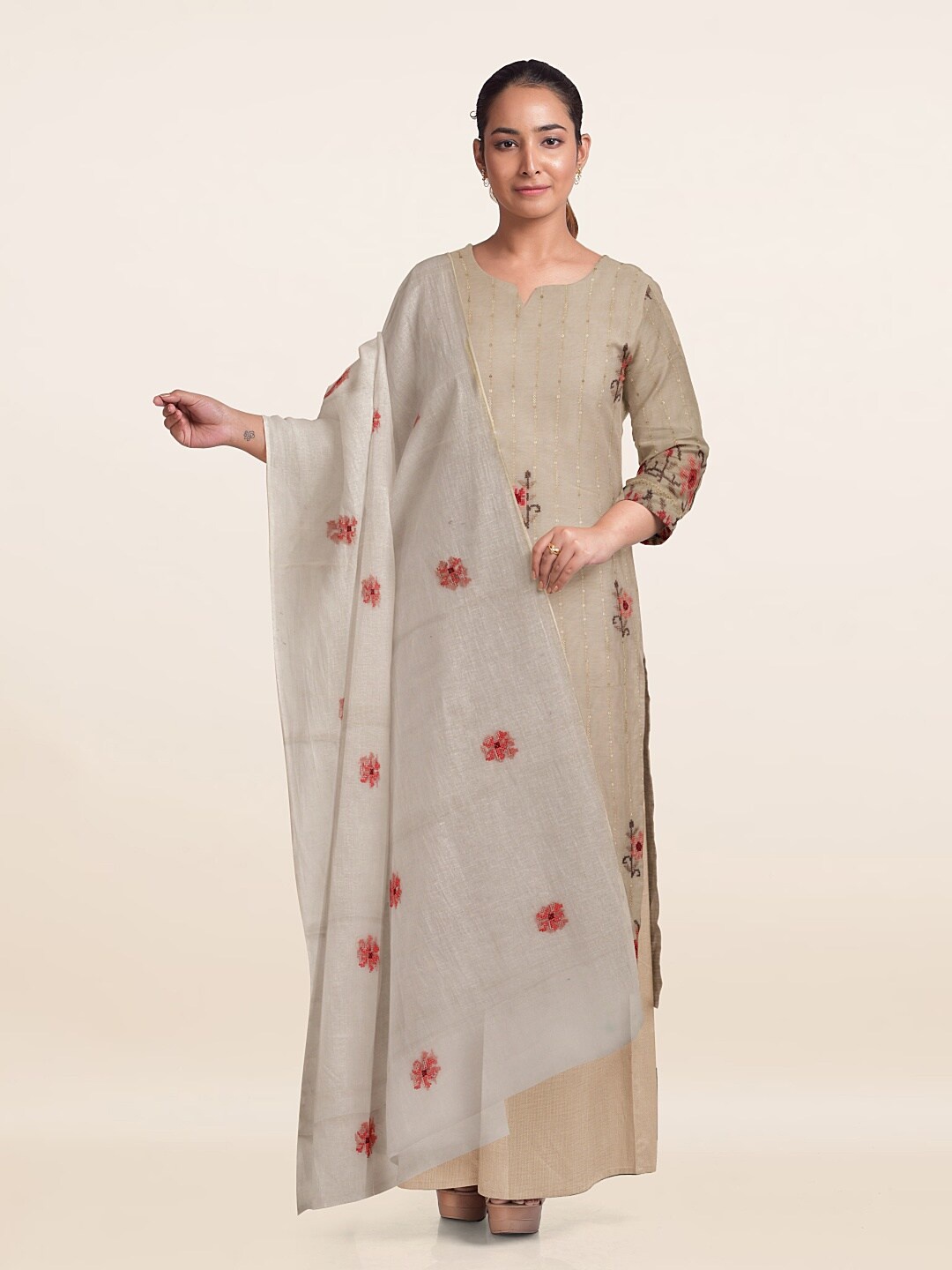 Pothys Embroidered Unstitched Dress Material, Cream