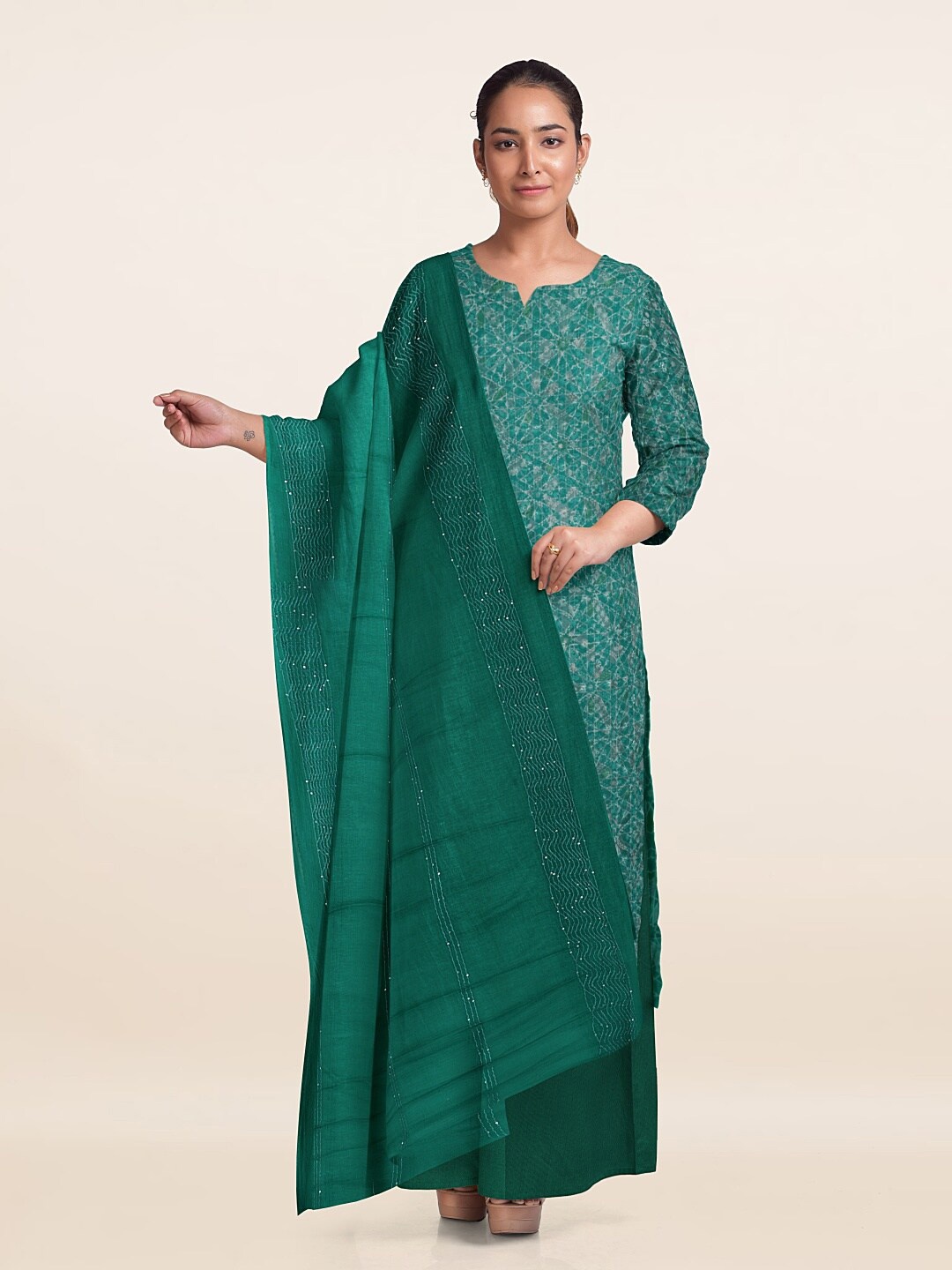 Pothys Printed Unstitched Dress Material, Green