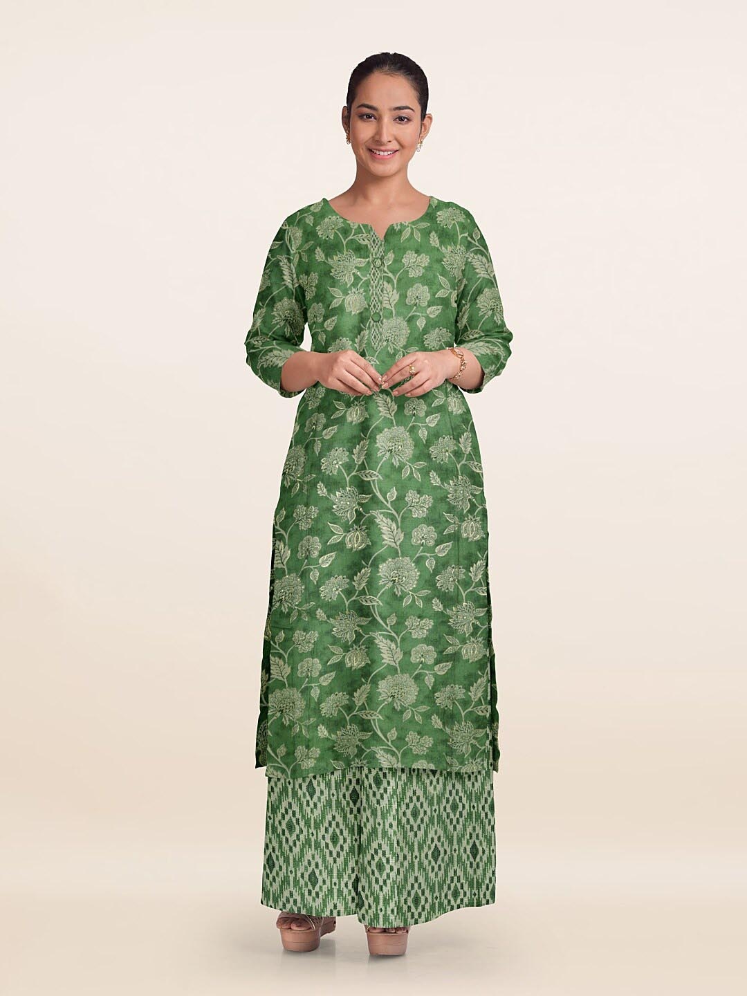 Pothys Floral Printed Unstitched Dress Material, Green