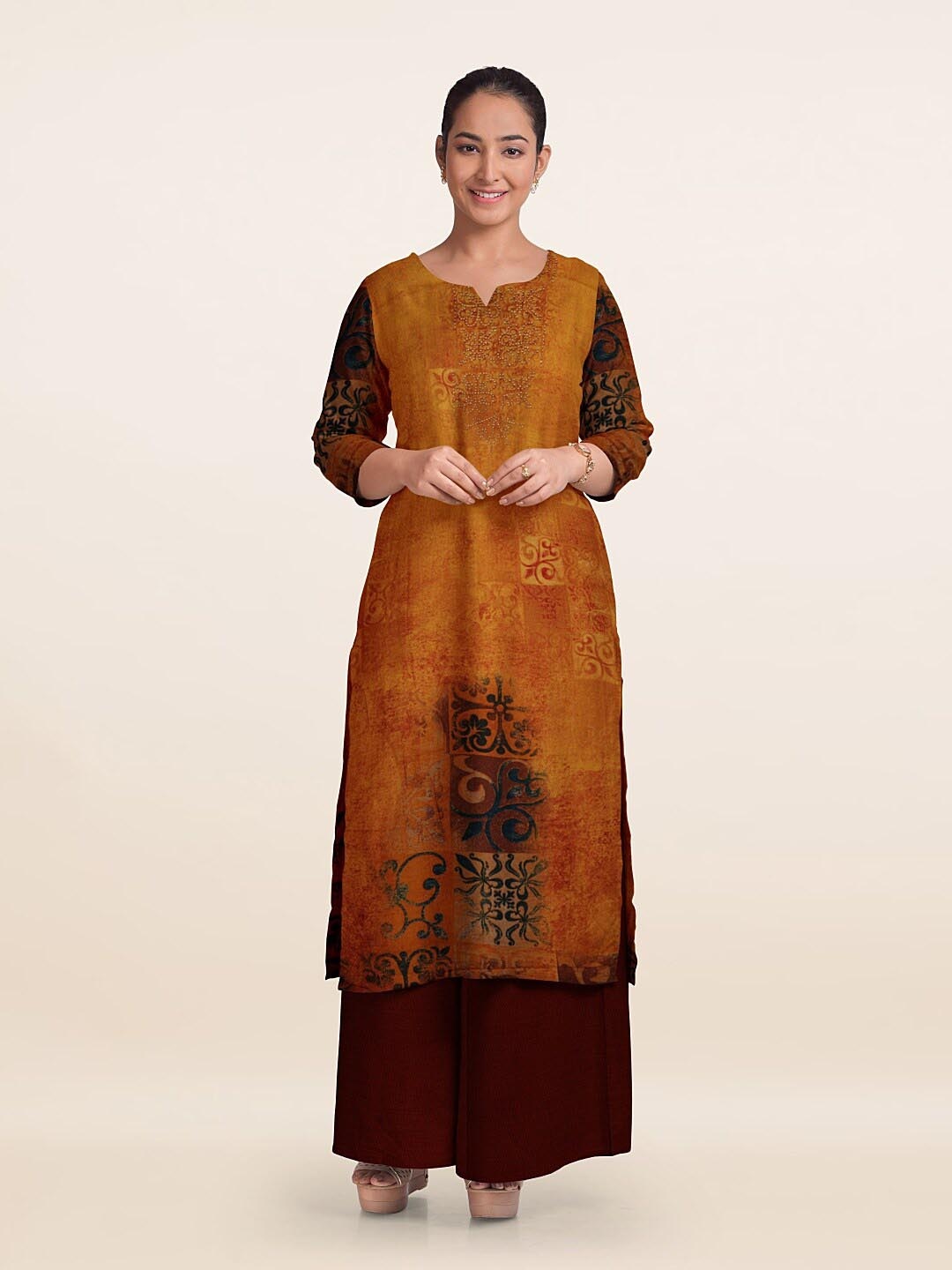Pothys Printed Unstitched Dress Material, Mustard