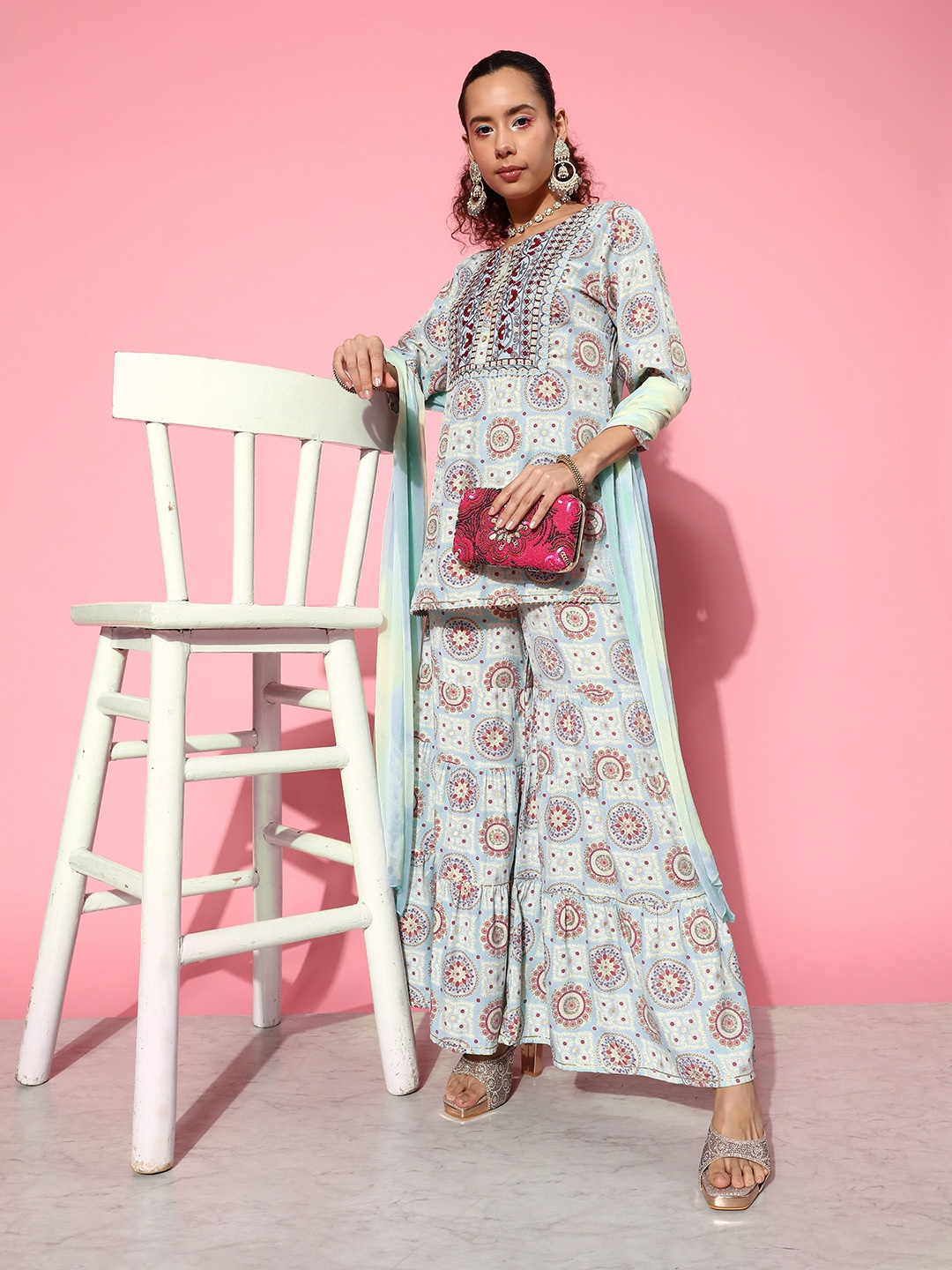 Juniper Women Ethnic Motifs Embroidered Mirror Work Kurti With Sharara & With Dupatta, Blue
Juniper Women Ethnic Motifs Embroidered Mirror Work Kurti With Sharara & With Dupatta, Blue