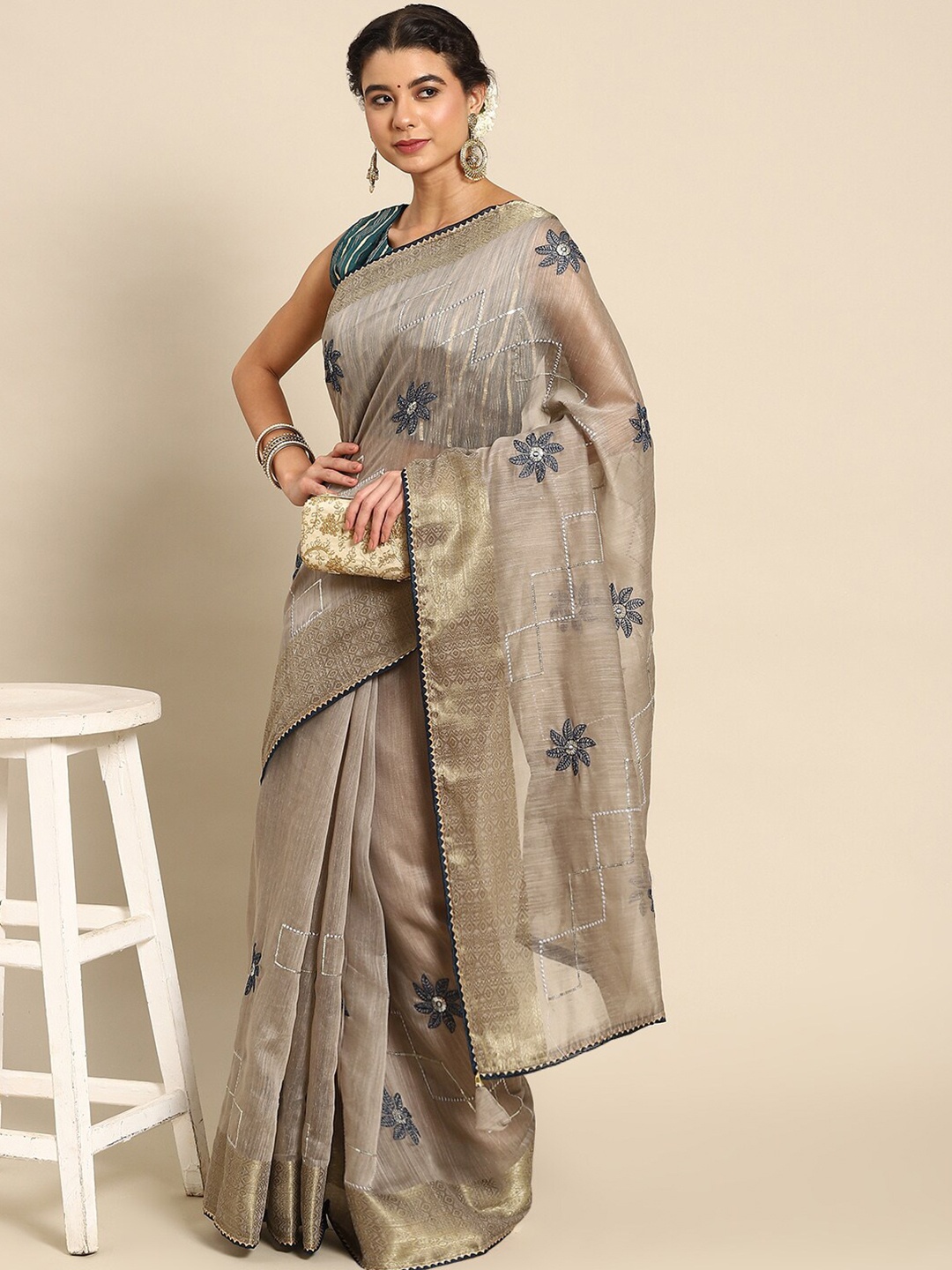 Mitera Floral Embroidered Zari Saree, Grey
