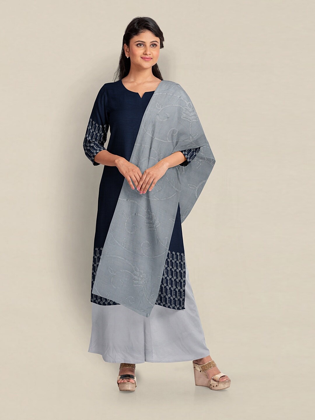 Pothys Embroidered Unstitched Dress Material, Navy blue