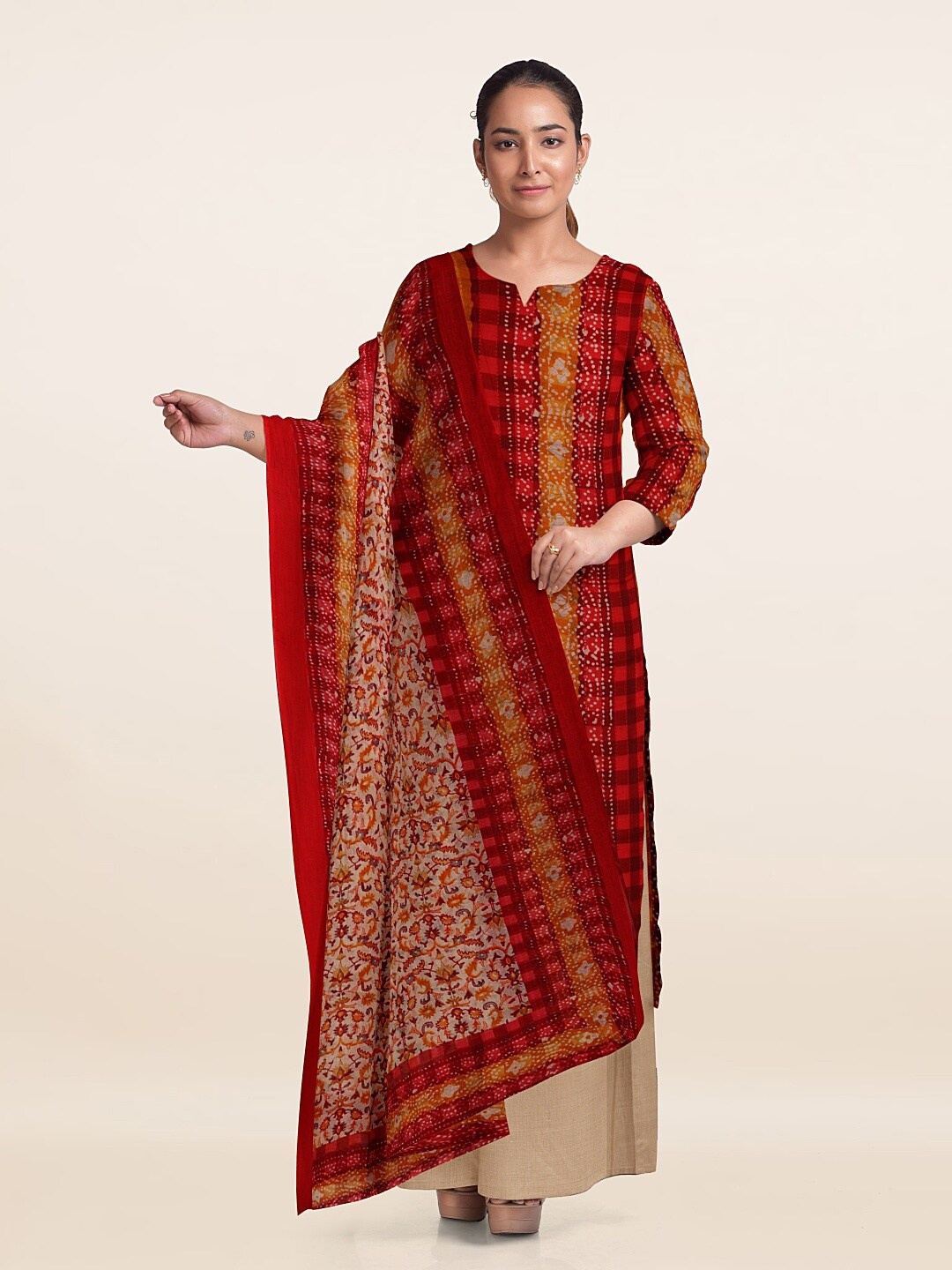 Pothys Printed Unstitched Dress Material, Red