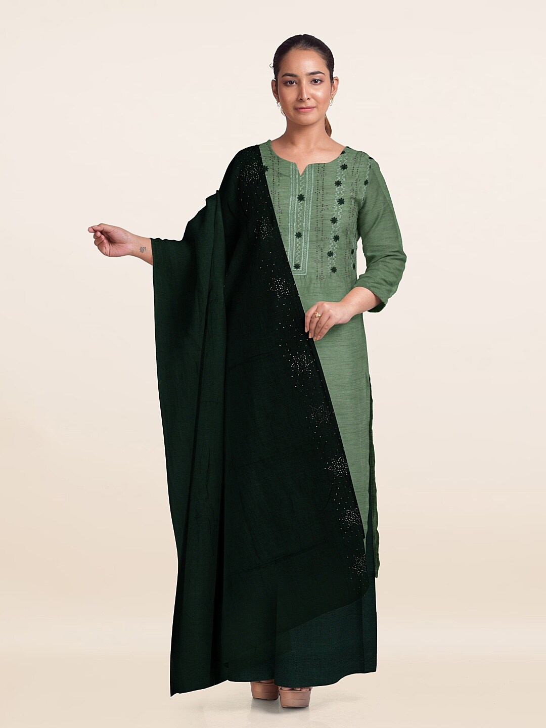 Pothys Embroidered Unstitched Dress Material, Green