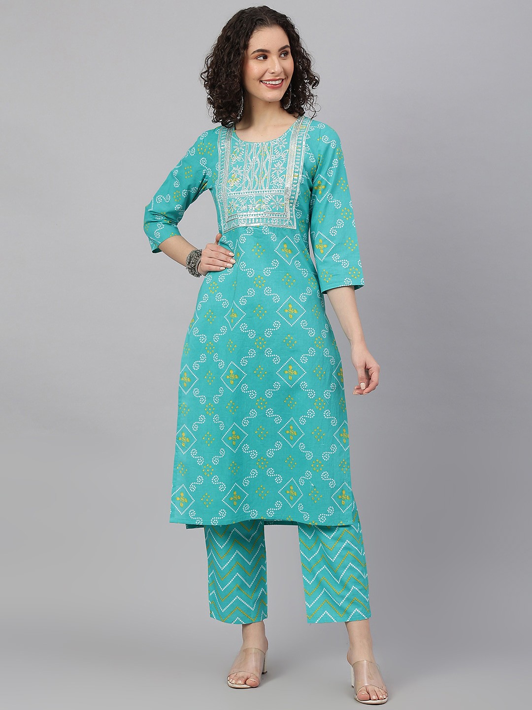 KALINI Women Floral Embroidered Thread Work Pure Cotton Kurta with Trousers, Turquoise blue
KALINI Women Floral Embroidered Thread Work Pure Cotton Kurta with Trousers, Turquoise blue