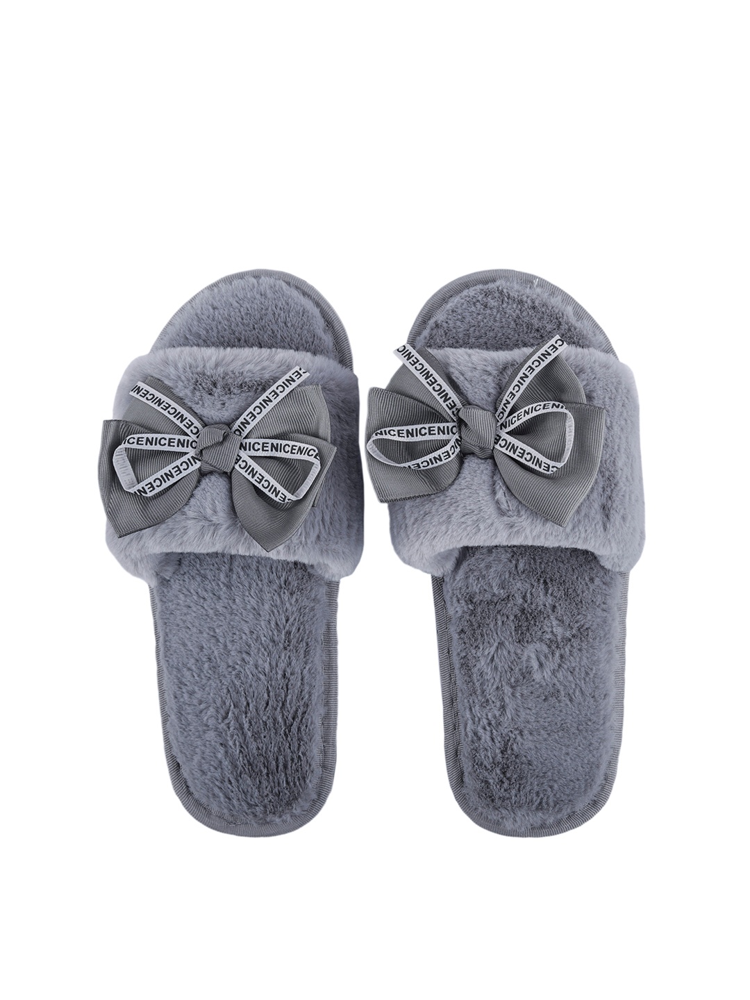 CASSIEY Women Bow Fur Sliders, Grey