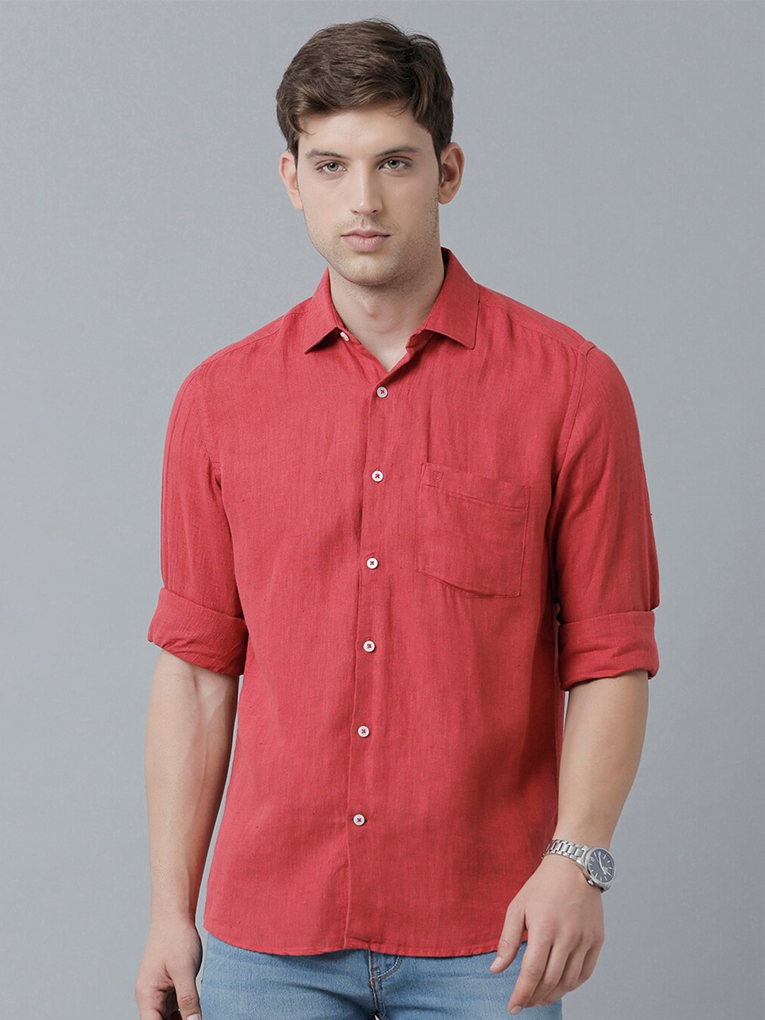Linen Club Men Sustainable Casual Linen Shirt, Red