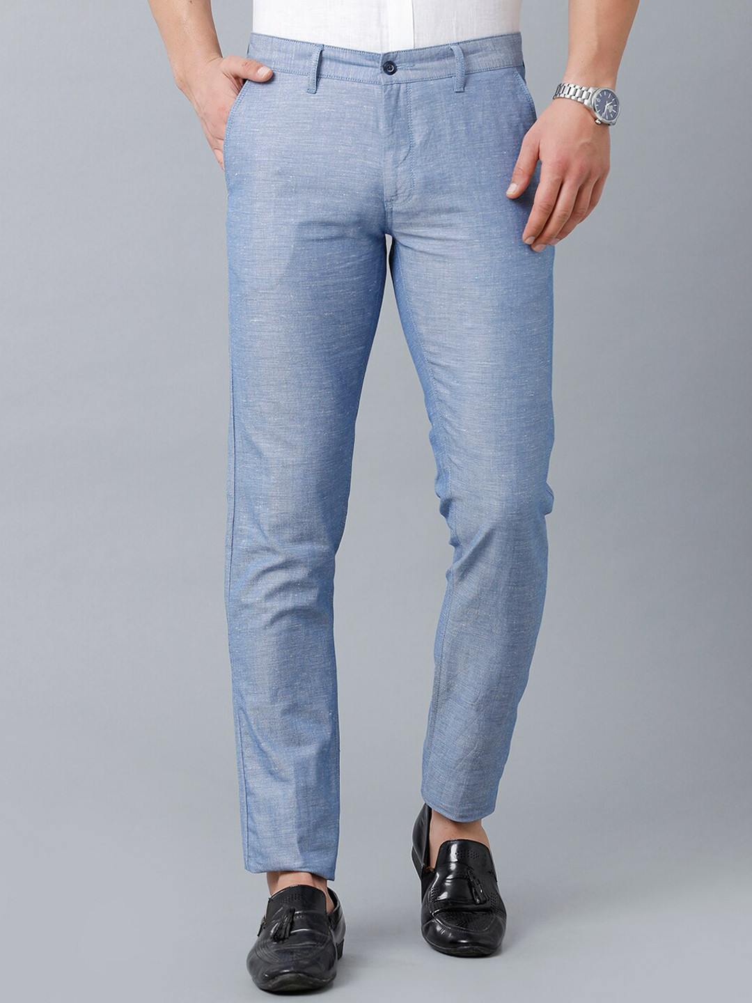 Linen Club Men Textured Slim Fit Pure Linen Sustainable Trouserss, Blue 
Linen Club Men Textured Slim Fit Pure Linen Sustainable Trouserss, Blue